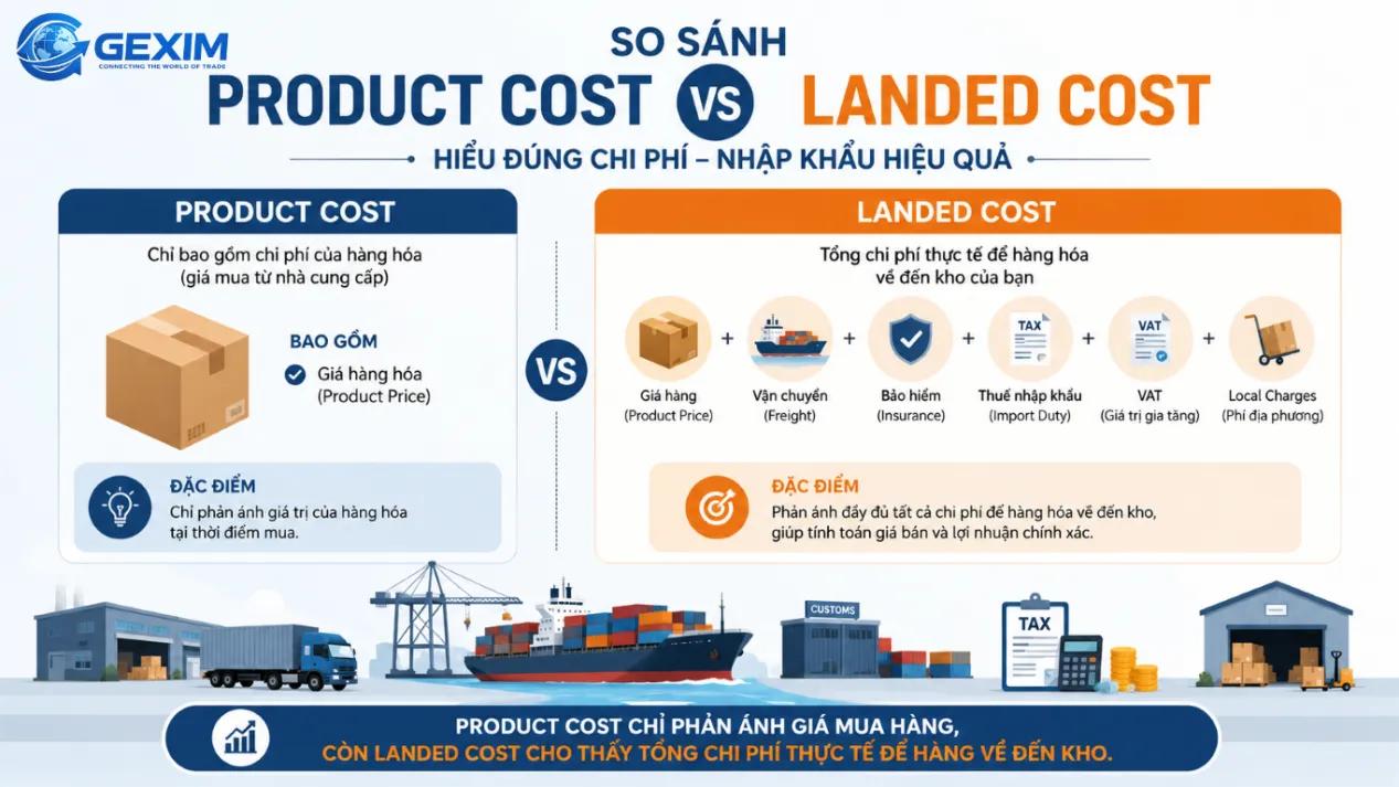 Comparison between product cost and landed cost in the import workflow.